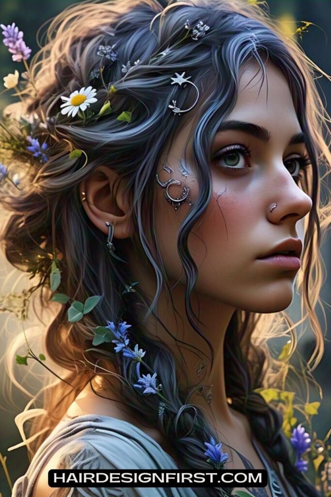 Loose, Messy Braid with Wildflowers