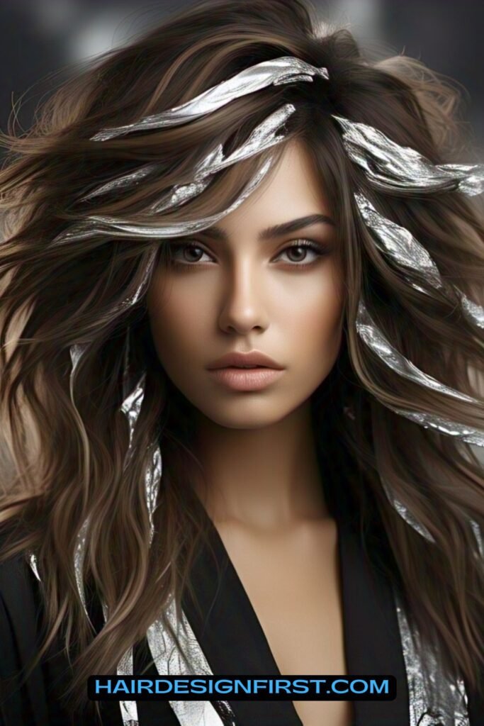 Layered Brown Hair with Silver Foil Highlights
