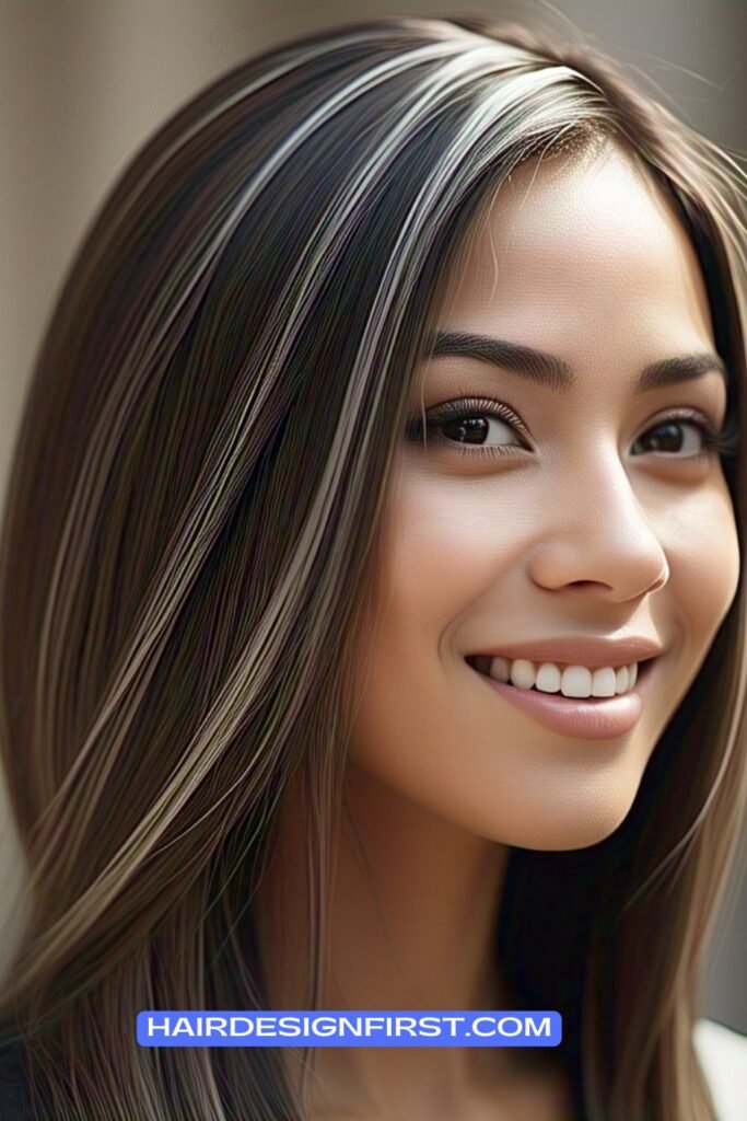 Straight Brown Hair with Thin Silver Highlights
