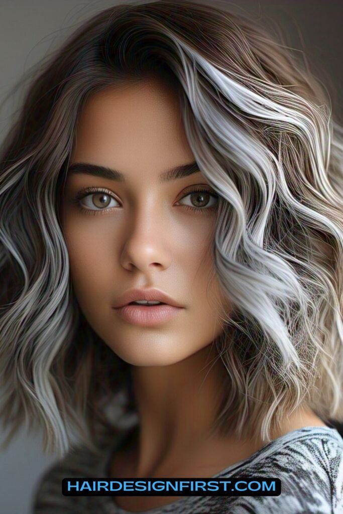 Wavy Brown Lob with Silver Streaks
